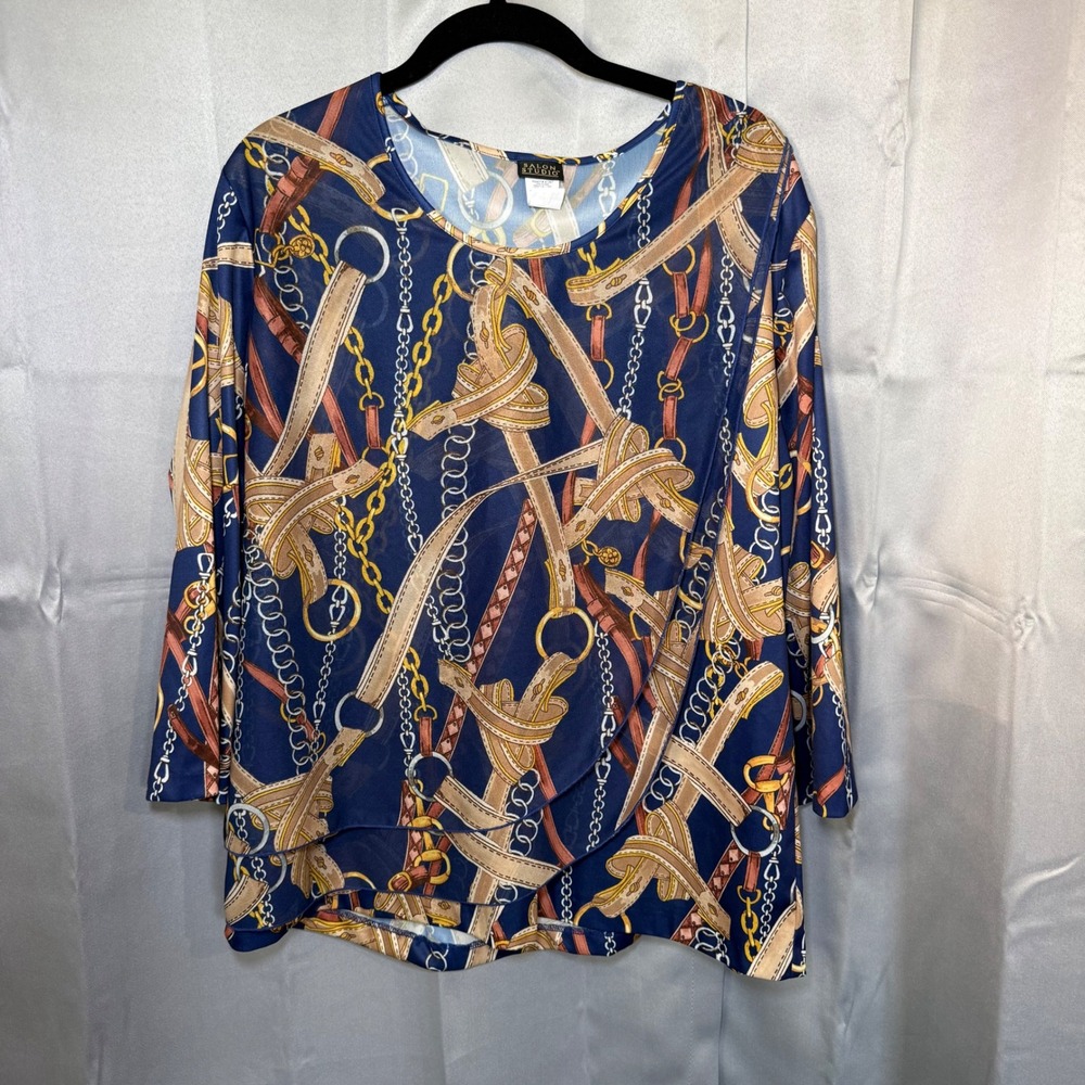 Salon Studio Blouse Womens XL Blue Equestrian Chain Print Layered Top